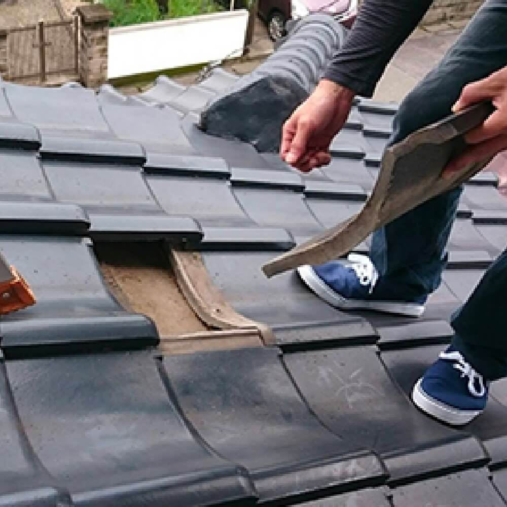 屋根に上がる職人のイメージ